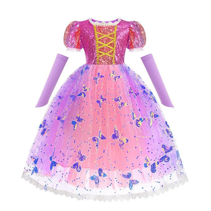Short Sleeve Purple Puffy Dress + Accessories Girls Cosplay Rapunzel Summer Casual Dress Birthday Party Gift