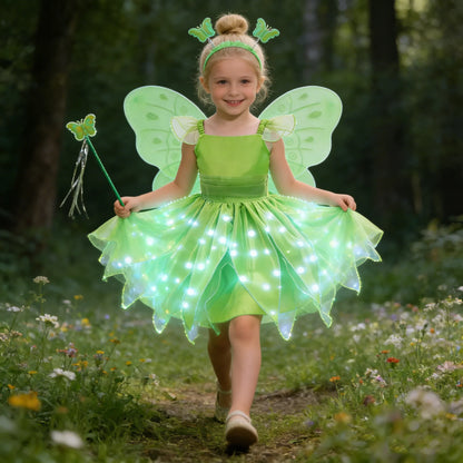 Childern Princess Dress For Girls LED Light With Flower Fairy Dress Up Kids With Wings Halloween Elves Party Tinker Bell Dress