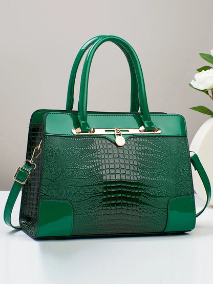 Crocodile Pattern Handbag, Women Large Capacity Crossbody Bag, Fashion Glossy Satchel Purse