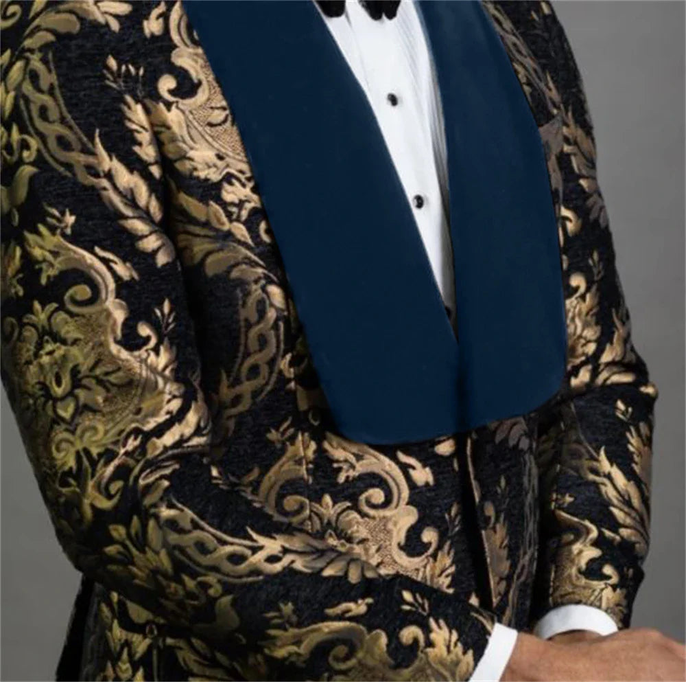 Fast Ship New Year Celebration Blue Gold Pattern Boys Suit Luxurious Ornate Boys Suit FormalKids Tuxedo Set Blazer Vest Pants