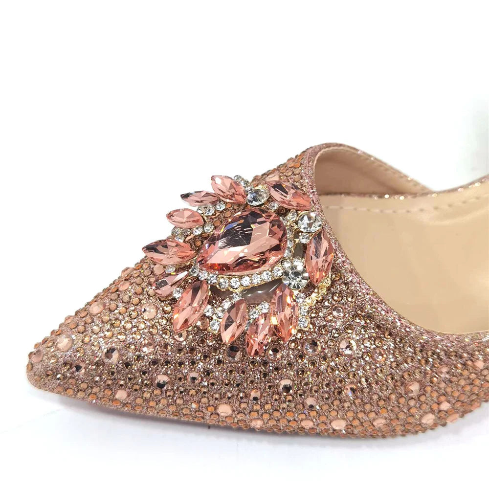 Sandálias Azul Royal Femininas Scarpin de Luxo Salto Médio Design de Strass Sapatos e Bolsas para Festa