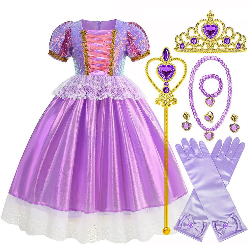 Short Sleeve Purple Puffy Dress + Accessories Girls Cosplay Rapunzel Summer Casual Dress Birthday Party Gift