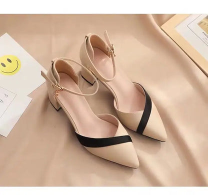Sapatos femininos clássicos de salto quadrado bege bico fino para festa, senhoras, primavera, verão, fivela preta, couro PU, sapatilhas profissionais