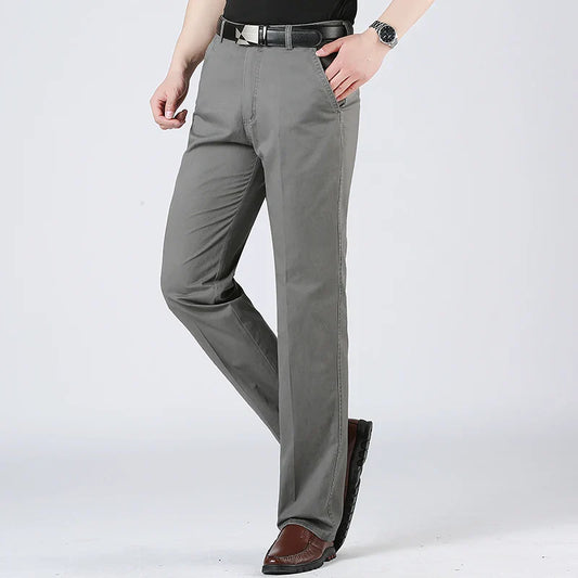 Cotton Pants Men's Straight Leisure Business Trousers Solid Autumn Winter Chinos Belted Pants Dad Elderly Formal Trousers