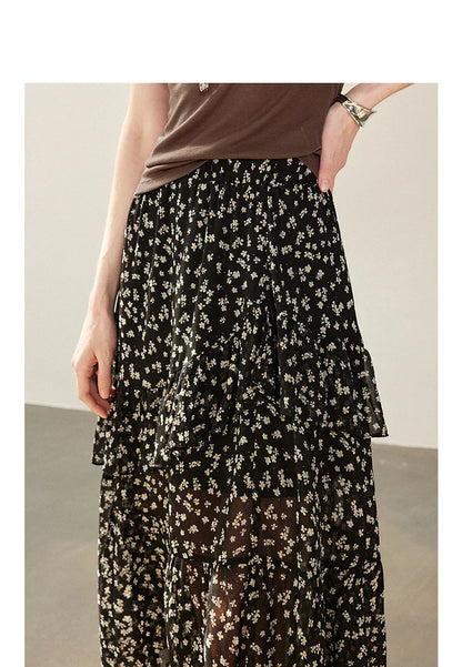 Women Chiffon Skirt 2026 Spring New Country Style Light and Flowing Floral Print Layered Ruffled Skirt