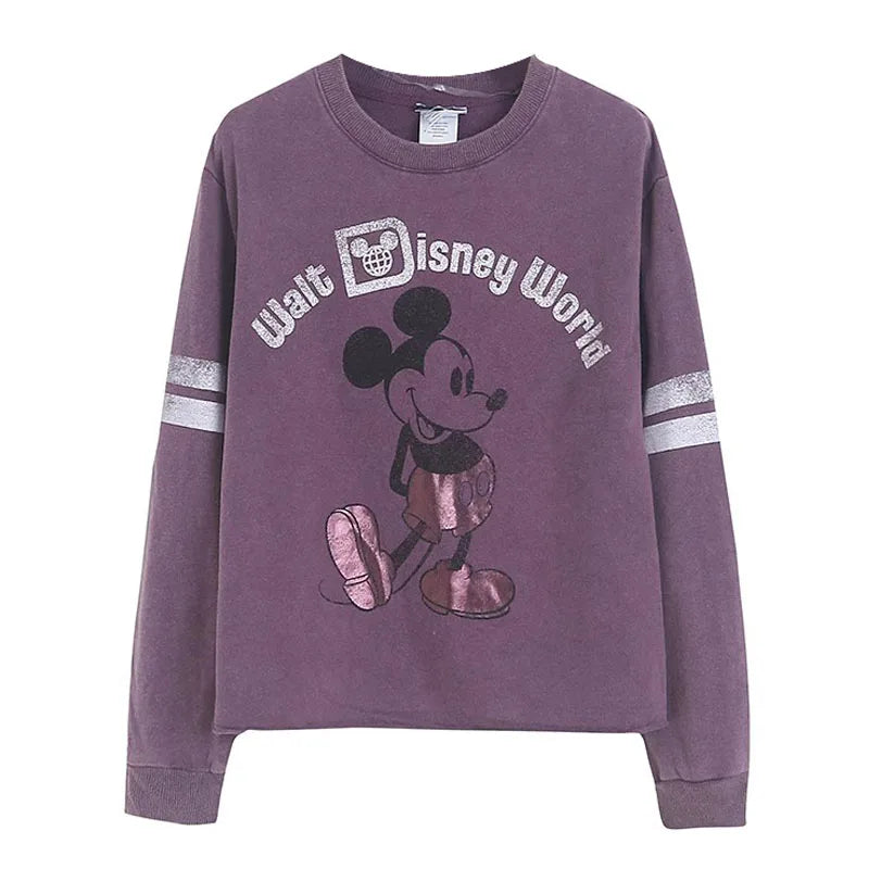 Retro Distressed Sweatshirt Women Mickey Mouse Casual Pullover Tops O Neck Long Sleeve Jumper Streetwear