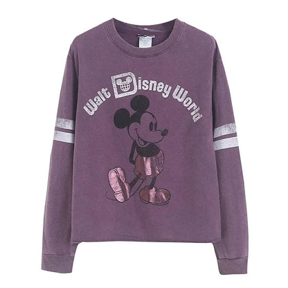 Retro Distressed Sweatshirt Women Mickey Mouse Casual Pullover Tops O Neck Long Sleeve Jumper Streetwear
