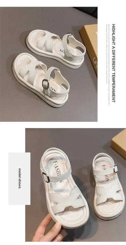 New Summer Girl Sandals Fashion Solid Color Children Causal Versatile Open-toe Beach Shoes Breathable Kids Thick Bottom Sandals