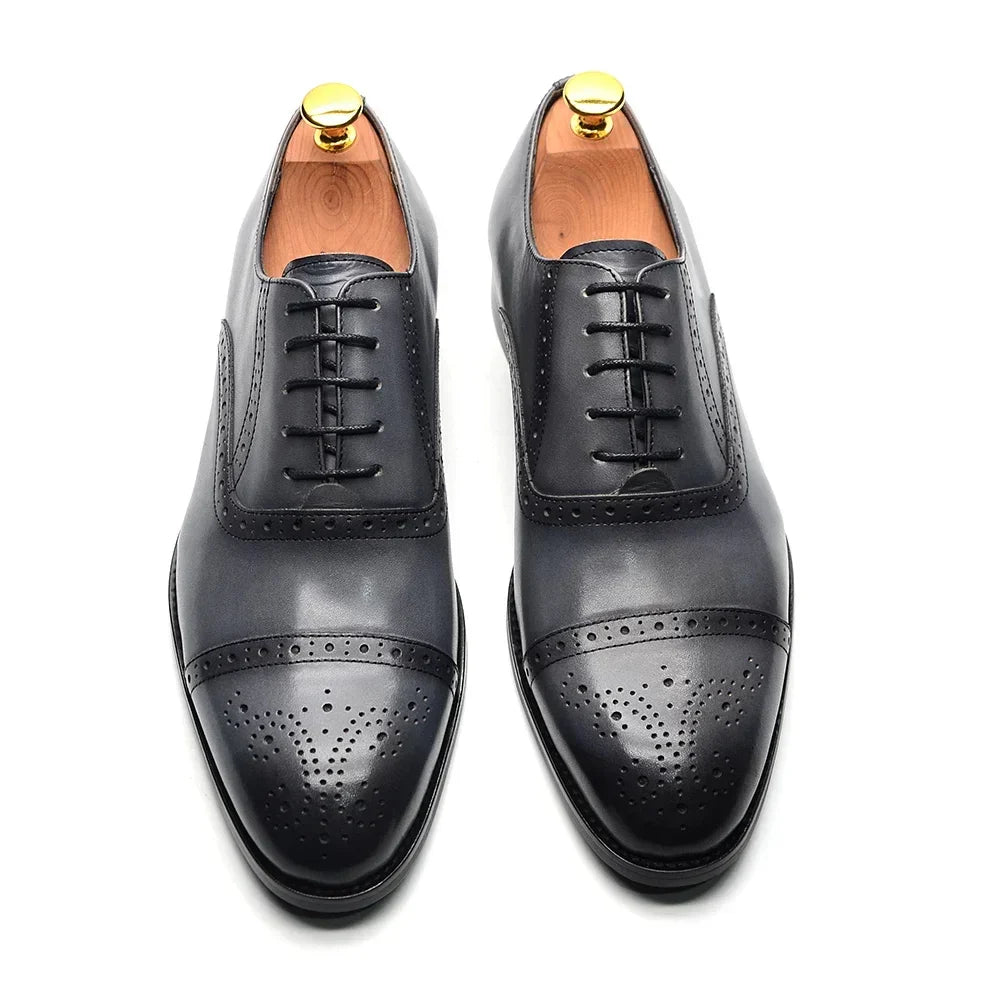 Italian Mens Dress Shoes Genuine Leather Cap Toe Oxfords Lace-up Black Brown Wedding Business Office Brogue Formal Shoes for Men