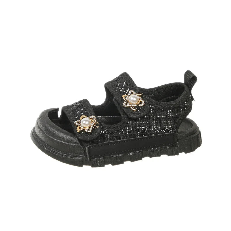 2025 Nice Straw Children Sandals New Arrivals Girls Appliques Metal Decos Sandals for Kids Girl Anti-kick Toe Beach Shoes I03242
