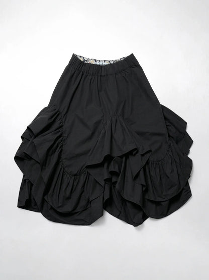 Black midi skirt for women imakokoni 2026 Spring Forest style high waist irregular ruffle edge mid length skirt 265401