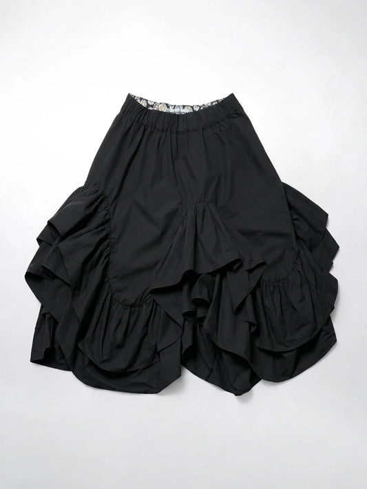 Black midi skirt for women imakokoni 2026 Spring Forest style high waist irregular ruffle edge mid length skirt 265401
