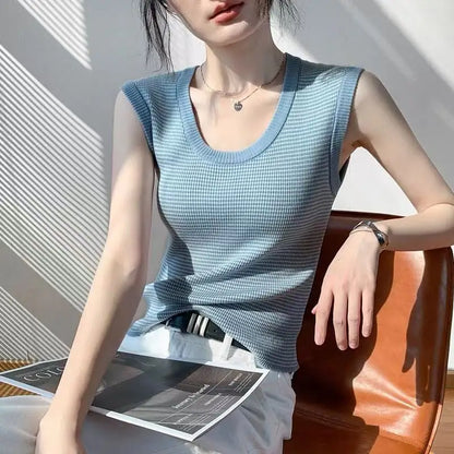 2026 Spring Summer O-Neck Striped Vest Top Simple Slim Fit Sleeveless Casual Versatile Women's Tank Top