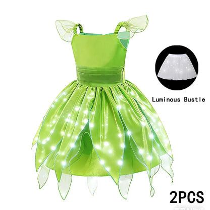 Childern Princess Dress For Girls LED Light With Flower Fairy Dress Up Kids With Wings Halloween Elves Party Tinker Bell Dress