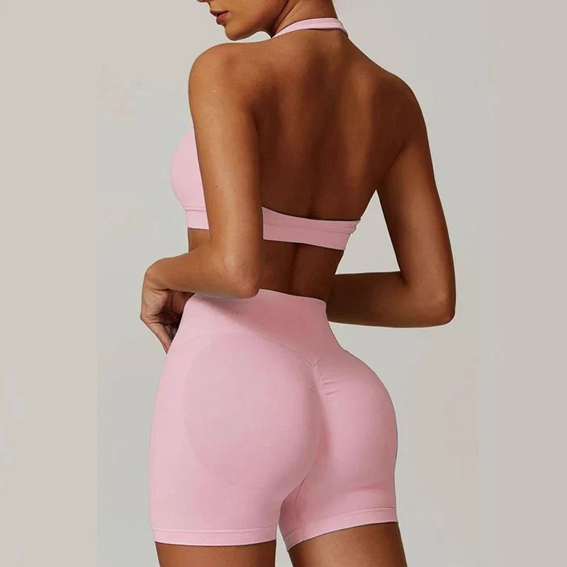Sexy Halter Neck Beautiful Back High Waist Peach Sports Bras Shorts Suit Pilates Gathering Yoga Vest Training Fitness Bra Sets