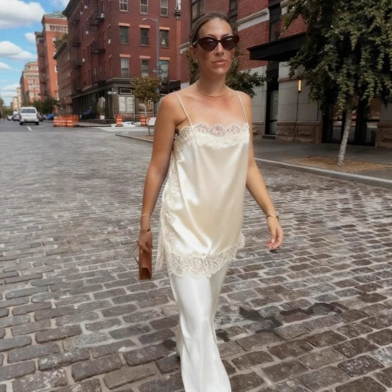 New Summer Fashion Women's Tank Top Elegant Satin Cami with Lace Trim Sexy Women's Spaghetti Strap Blouse Y2k Clothing