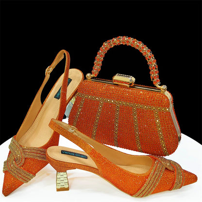 Special Design High Quality Orange Color African Women Shoes and Bag Set with Shinning Crystal for Wedding Party