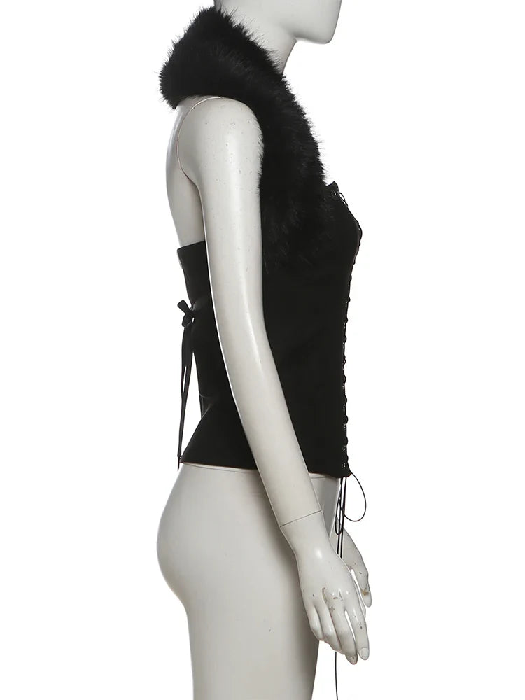 Furry Patchwork Sexy Tank Top Women Y2K Halter Backless Shirring Sleeveless Stretch Coquette Midnight Party Clubwear