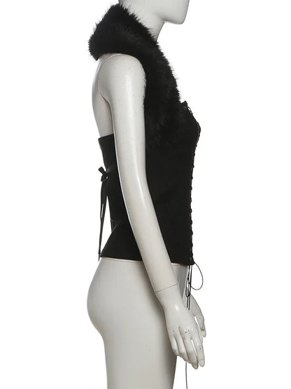 Furry Patchwork Sexy Tank Top Women Y2K Halter Backless Shirring Sleeveless Stretch Coquette Midnight Party Clubwear