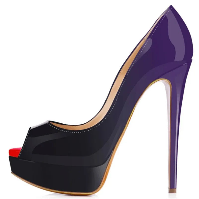 2026 New Women Pumps Sexy Platform Peep Toe 14cm Extremely High Heels Stiletto Patent Leather Party Nighclub Red Wedding Shoes