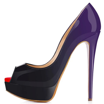 2026 New Women Pumps Sexy Platform Peep Toe 14cm Extremely High Heels Stiletto Patent Leather Party Nighclub Red Wedding Shoes