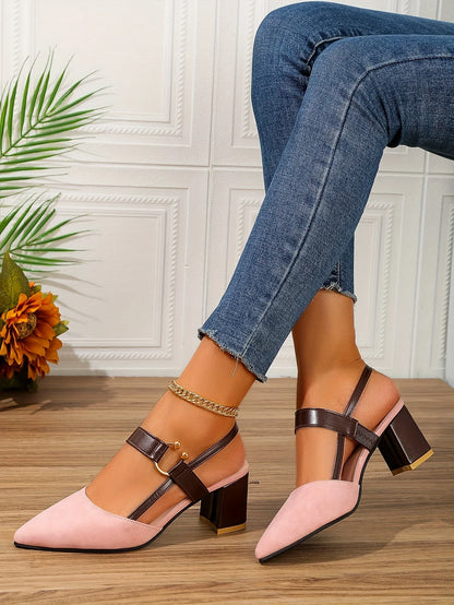 Women's Pointed Toe Block High Heel Sandals, Fashion Solid Color Slingback Shoes, Versatile Mid Heels