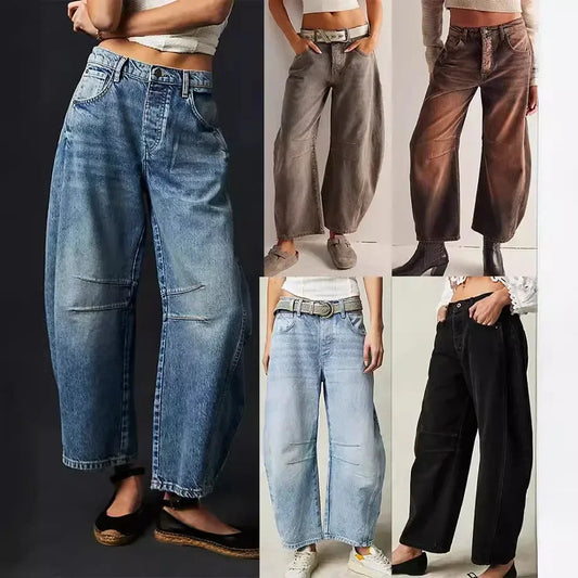 Women Loose Mid Waist Jeans Denim Full Length Pants Sexy Fashion Solid Color Trousers Denim Pockets Bleached