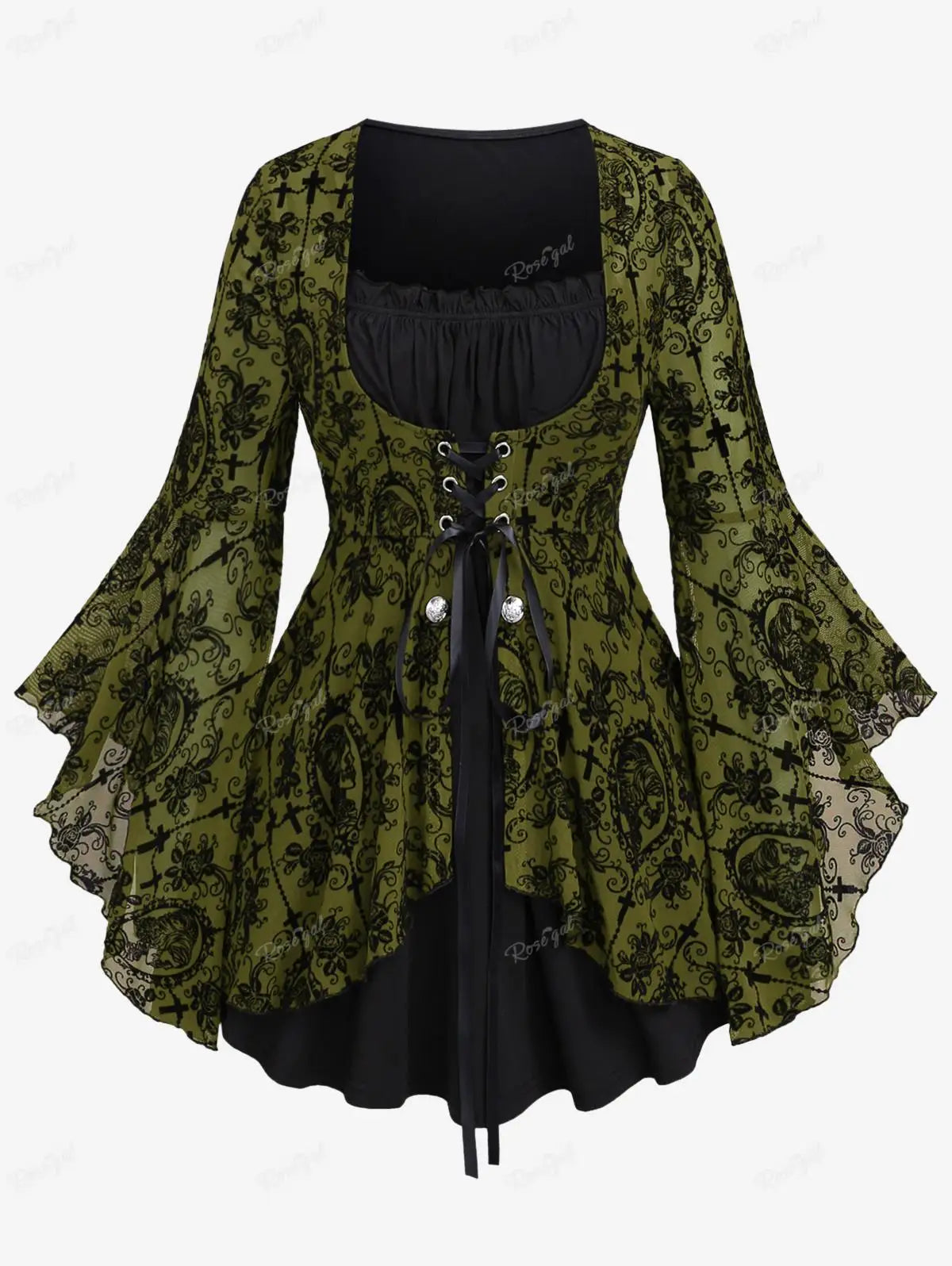 Plus Size Gothic Bell Sleeves Cross Floral Mesh Flocking Lace Up Ruched Ruffles 2 in 1 Long Bell Sleeve Top