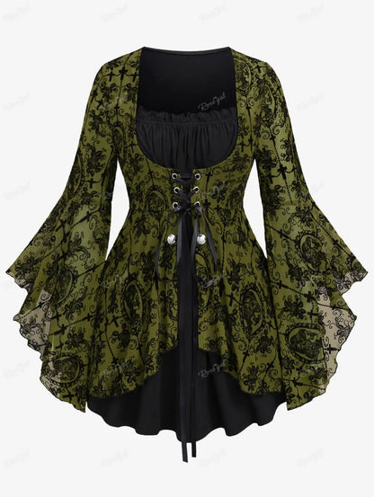 Plus Size Gothic Bell Sleeves Cross Floral Mesh Flocking Lace Up Ruched Ruffles 2 in 1 Long Bell Sleeve Top