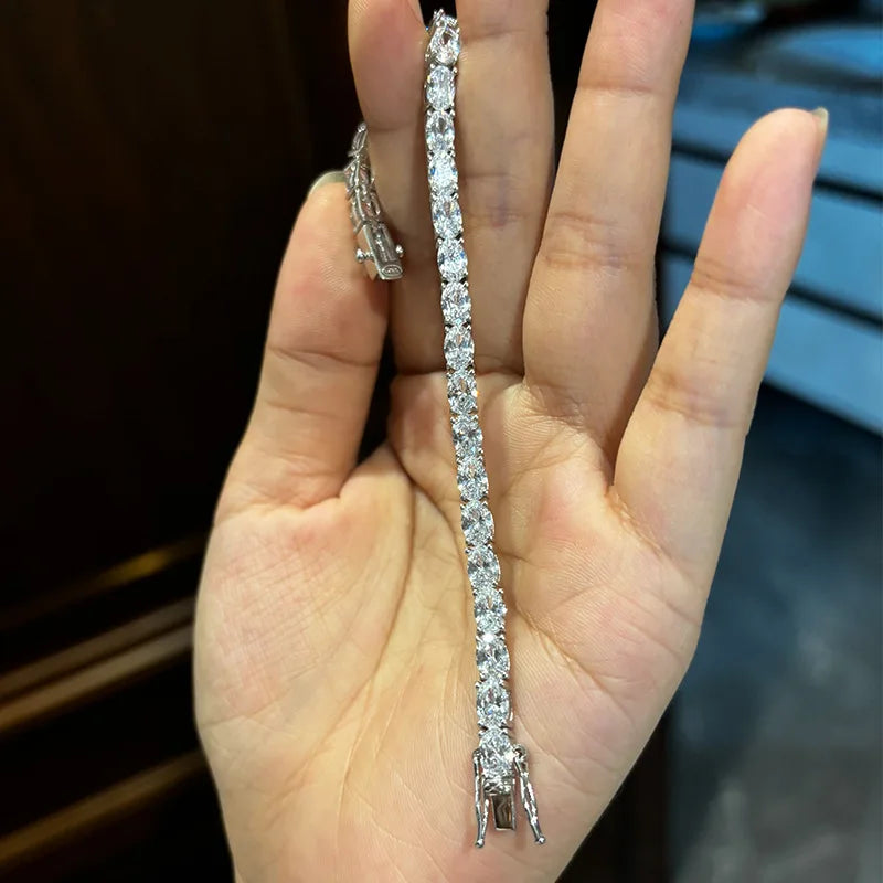0.3-1.5CT Oval Cut Moissanite Hip-hop Tennis Bracelets for Women Men Lab Diamond Wedding Party 100% S925 Silver Chain