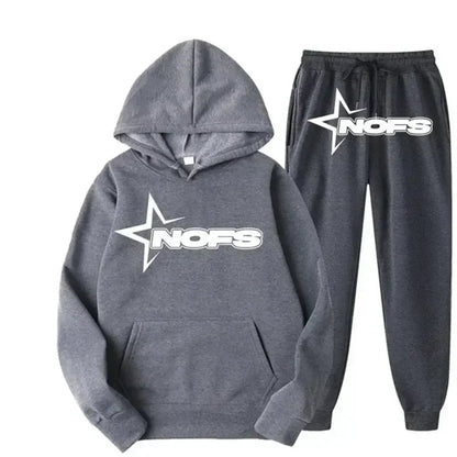 Streetwear NOFS Star Print Tracksuit Black Hoodie and Joggers Set for Men Women