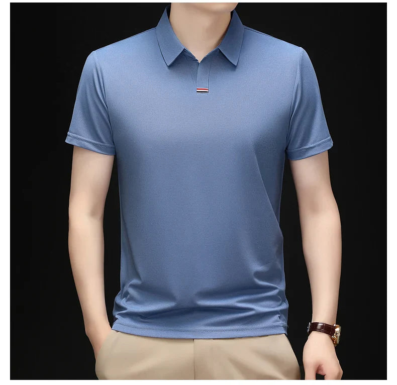 High quality brand solid color V-neck short sleeve polo shirt men summer fashion simple casual ice silk breathable lapel T-shirt