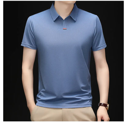High quality brand solid color V-neck short sleeve polo shirt men summer fashion simple casual ice silk breathable lapel T-shirt