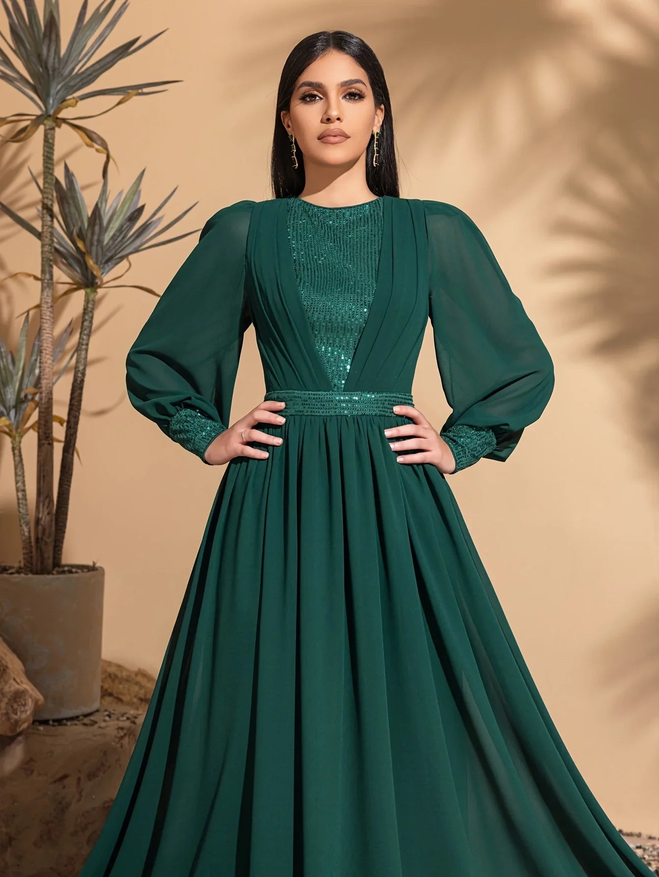 Long sleeve mesh sequins stitching elegant party dress, ladies maxi dress, party dress