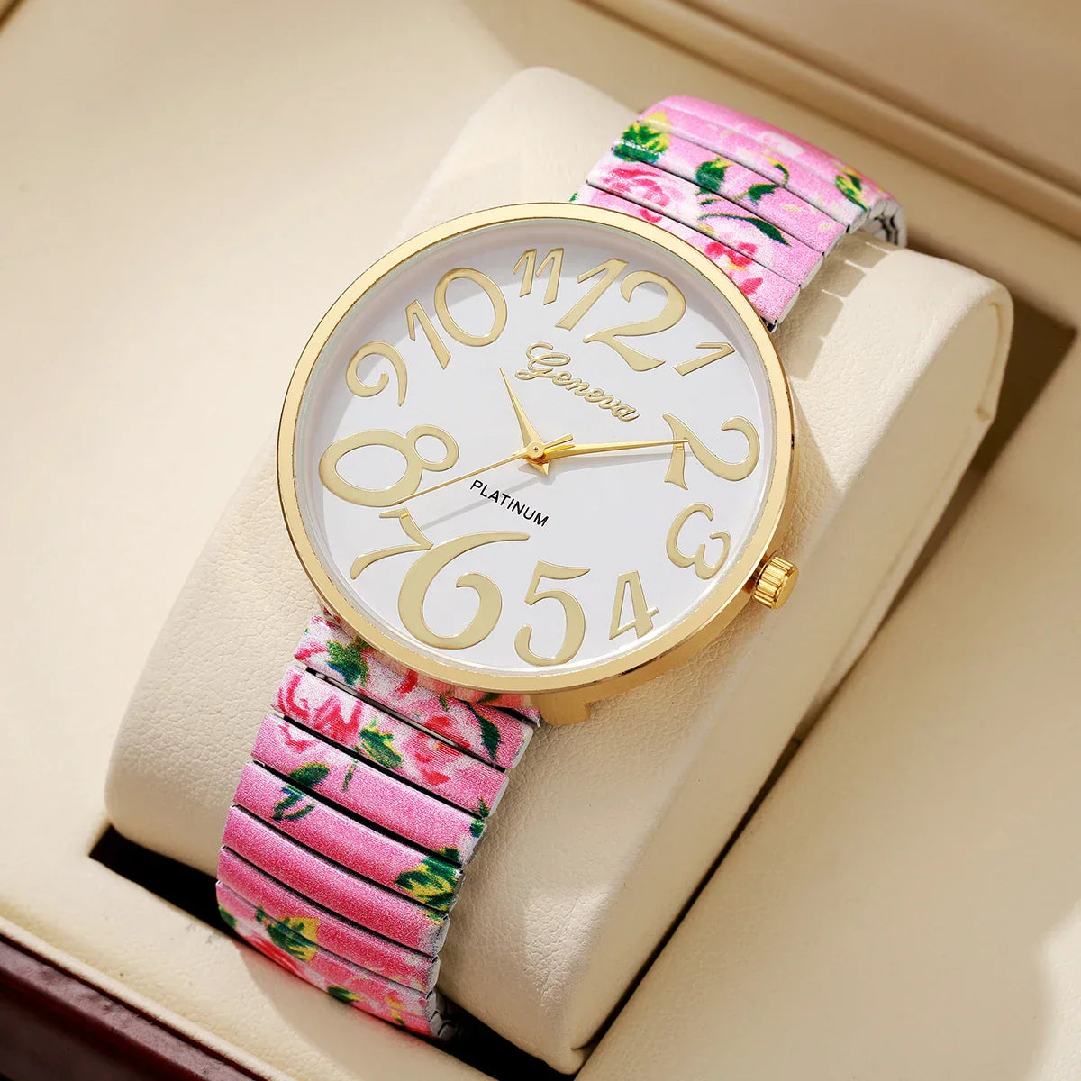 1/2/3/4PCS Fashion Flowers Printed Women Watch Luxury Elastic Strap Arabic Quartz Watches Reloj Mujer Girls Clock（Without Box）