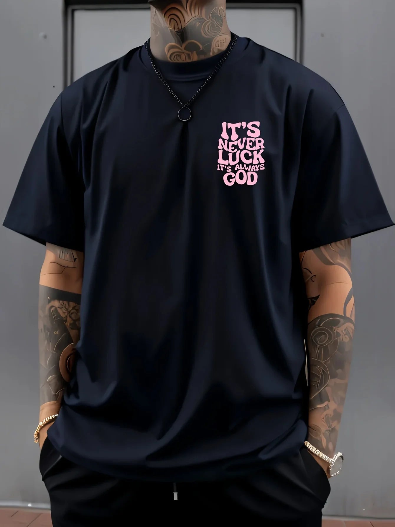 Fashionable Summer Men's God Luck Printed Comfortable Breathable Round Neck T-shirt Outdoor High Street Top