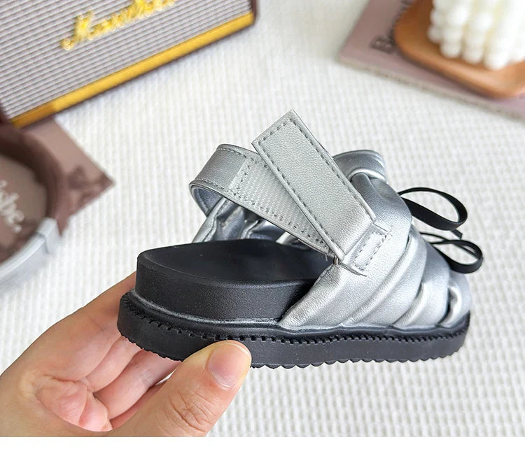2026 Summer Girls Princess Sandals with Double Bow-knots Soft Fashion Classic Kids Summer Beach Shoes Open Toes Sweet Anti-skid