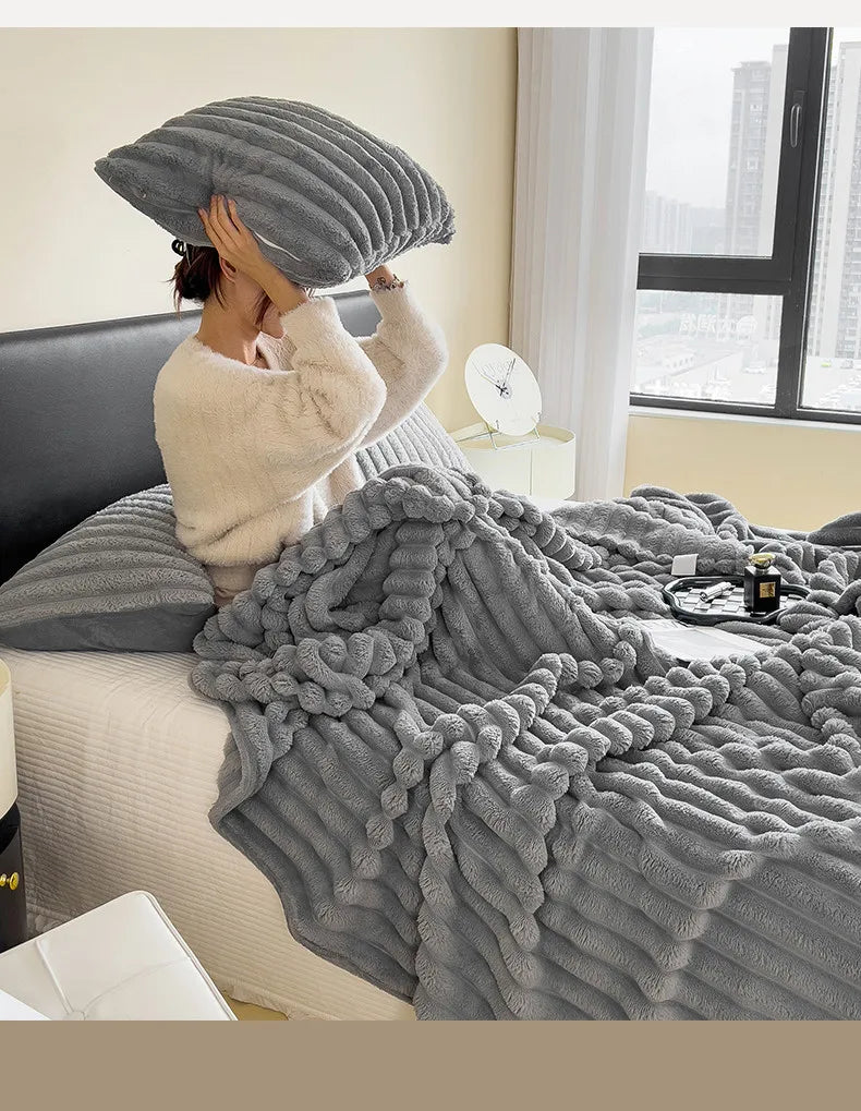 2025 New Rabbit Plush Blanket Draw Stripe Thickened Flannel Blanket Shawl Coral Fleece Sofa Blanket, without Pillowcase