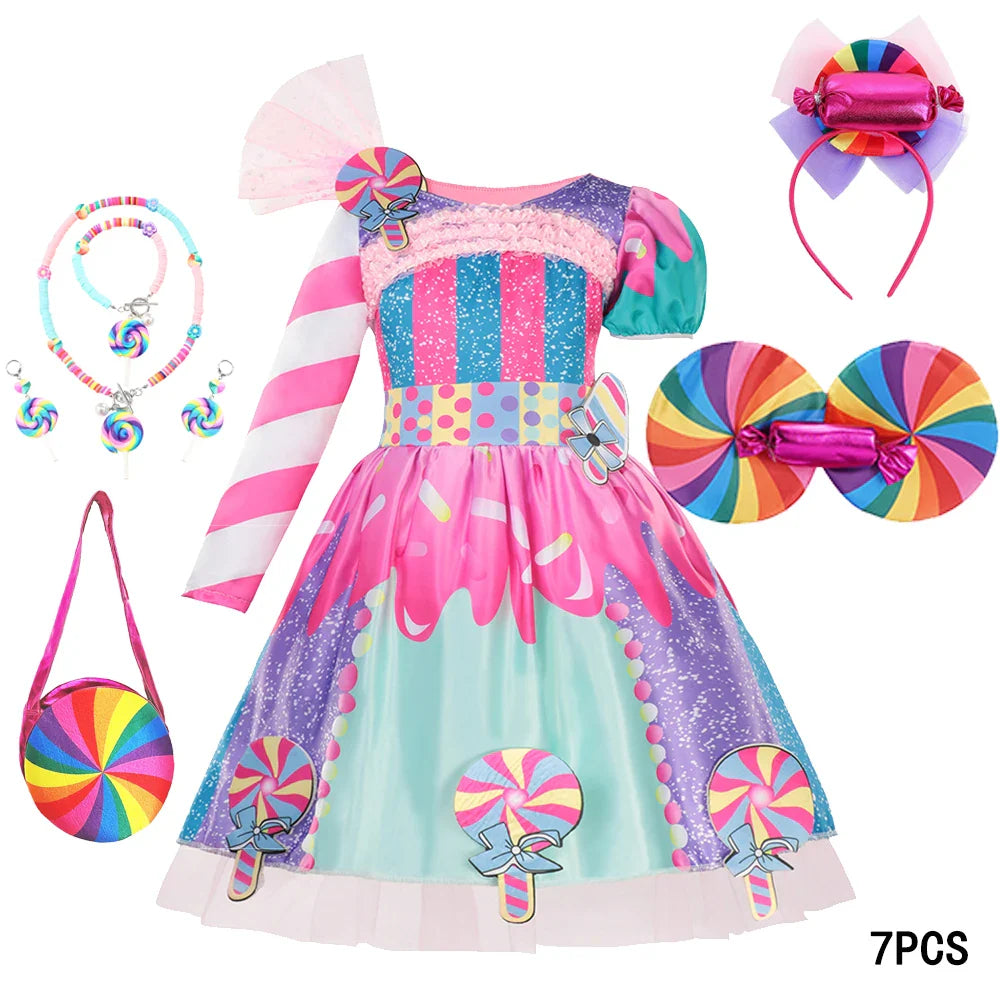 New Candy Dress Lollipop Cosplay Costume Rainbow Dress Carnival Purim Party Princess Dress Long Short Sleeves Candies Dresses