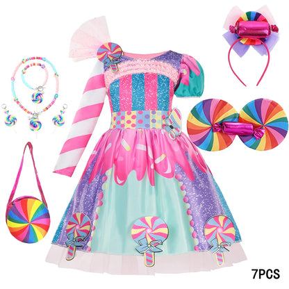 New Candy Dress Lollipop Cosplay Costume Rainbow Dress Carnival Purim Party Princess Dress Long Short Sleeves Candies Dresses