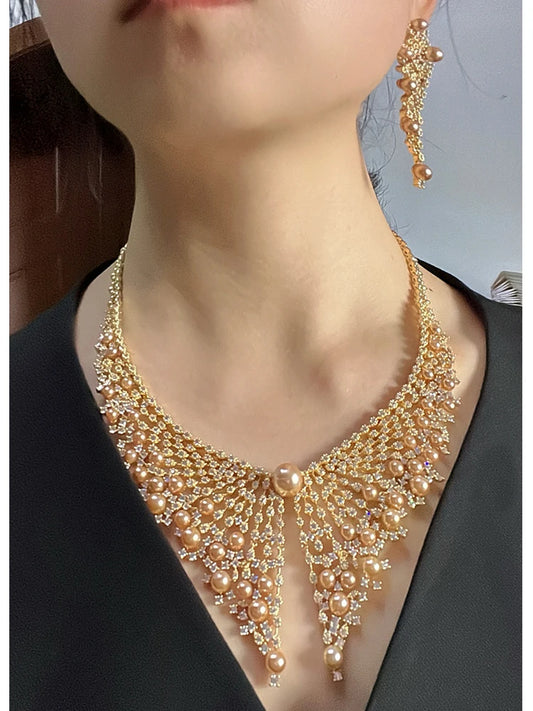 Luxury Cubic Zirconia 2pcs Pearl Necklacе Nigeria Dubai Bridal Wedding Jewellery Sets For Women Party  Accessories