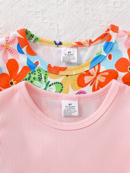 2-Pack - Girls' Fashionable Summer Dresses, Children's Clothing, Floral Butterfly Print, Round Neck, Flutter Sleeves, Waist-Cinching, Bowknot, Mid-Length Dress, Summer Wear, Simple and Comfortable Casual Versatile Youthful Ch