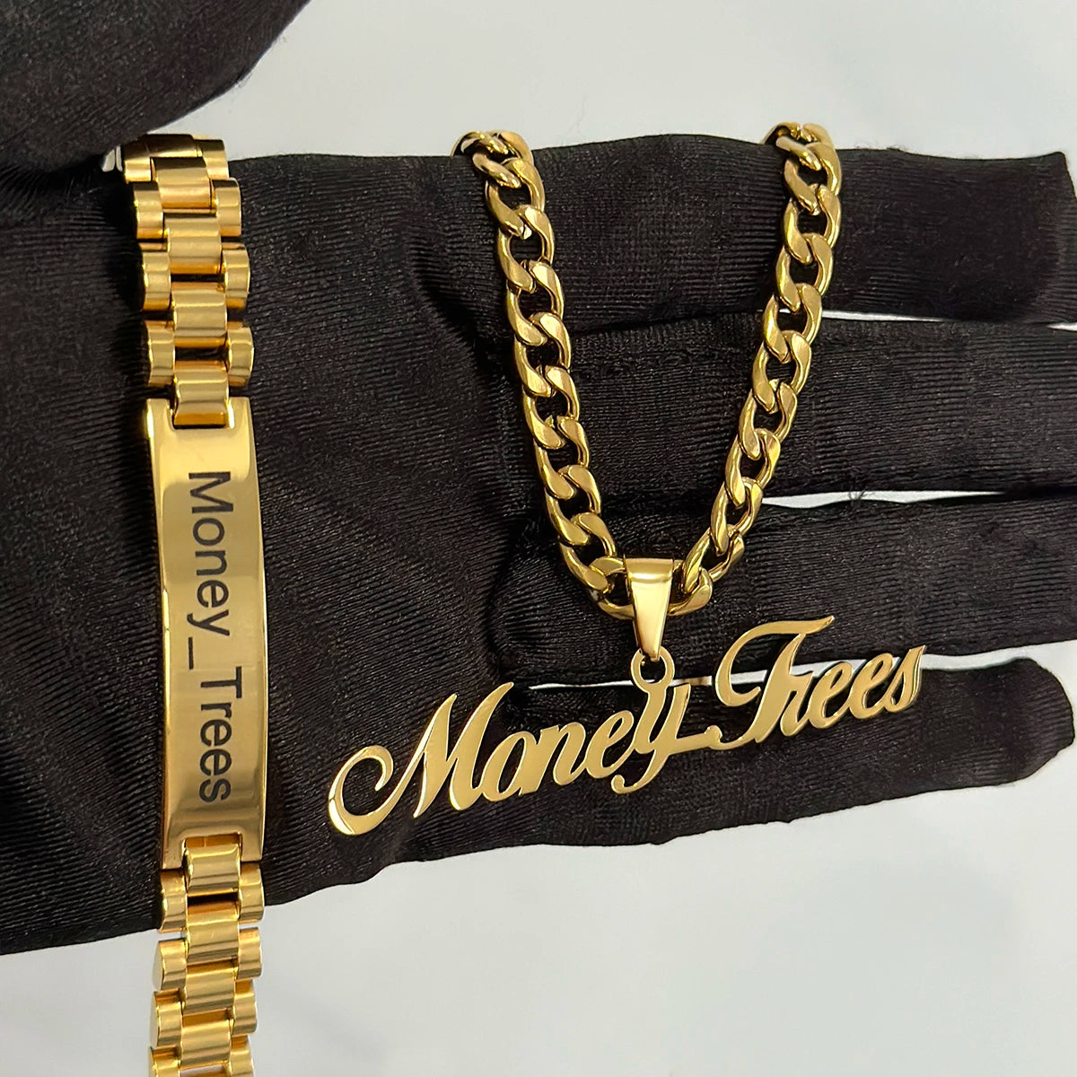 New Men's Name Bracelet Necklace Set Stainless 5mm Cuban Chain Large Nameplate Pendant Carved Name Bracelet Custom Set Jewelry