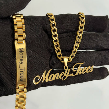 New Men's Name Bracelet Necklace Set Stainless 5mm Cuban Chain Large Nameplate Pendant Carved Name Bracelet Custom Set Jewelry