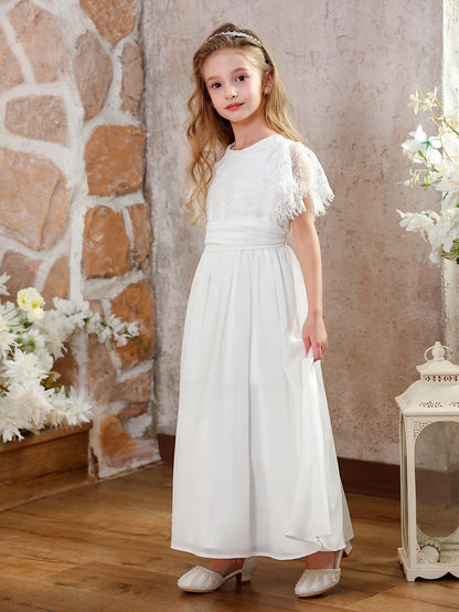 Girls White Lace Short Sleeve Crew Neck Formal Dress Heart Cutout Back Chiffon Maxi Gown Flower Girl Dress for Wedding