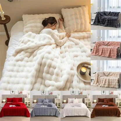 Cozy Rabbit Hair Bubble Velvet Blanket for Napping Soft Fuzzy Plush Bed Cover Sofa Throw Blanket All Season Warmth