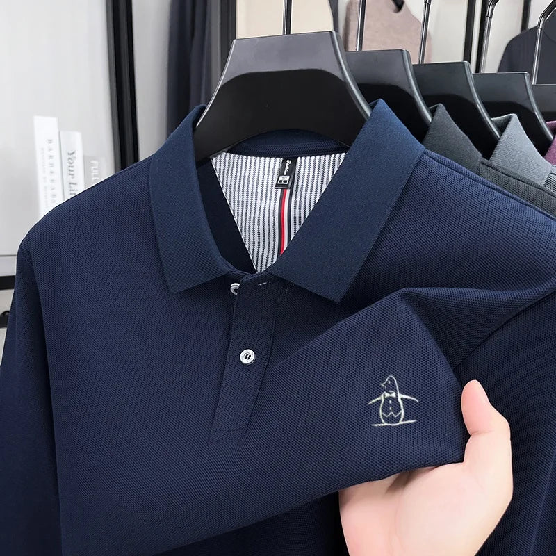 100% High-quality Cotton Latest Men's Polo Long Sleeve Autumn Spring Warm Fashionable Business Casual Cozy Delicate Embossed Top