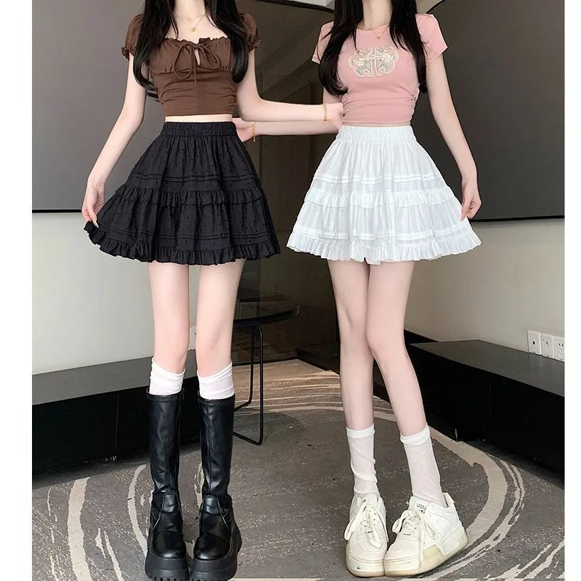 Kawaii White High Waist Pleated Mini Skirts for Women Summer Slim A-Line Skirt Y2K Versatile Puff Tiered Faldas for Girls Female