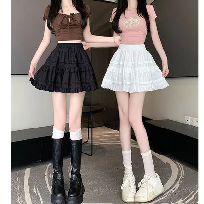 Kawaii White High Waist Pleated Mini Skirts for Women Summer Slim A-Line Skirt Y2K Versatile Puff Tiered Faldas for Girls Female