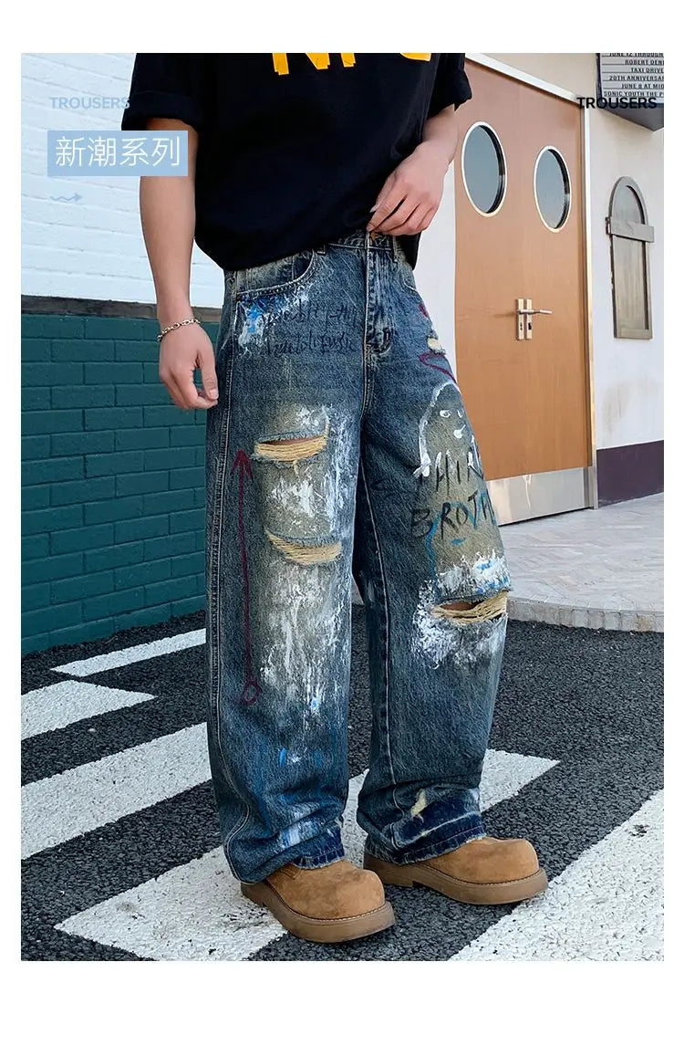 New street graffiti ripped painted jeans for men, straight-leg, loose, wide-leg, trendy brand, stylish high-end